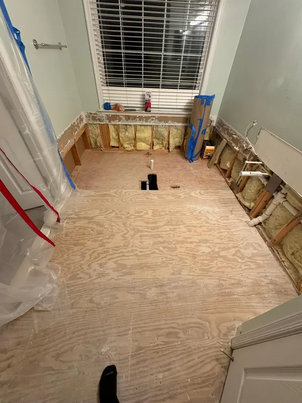 Bathroom opened up to the studs and subfloor during a remodel