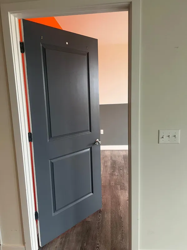 Dark gray painted interior door beside plank flooring